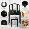 Black Tri Folding Mirrored Vanity Makeup Table Stool Set Bedroom