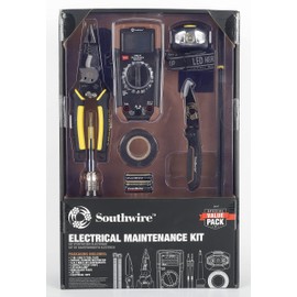 Electrical Maintenance Tool Kit including Multi-Tool Pliers, Multimeter, Multi-Bit Screwdriver, Compact Pocket Knife, LED Headlamp, Buss Blade Fuses, Zip Ties, and Electrical Tape