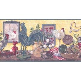 CONCORD WALLCOVERINGS ™ Wallpaper Border Country Pattern Hens Roosters Baskets Eggs Plants for Kitchen Farmhouse, White Yellow Green Grey Red Blue Brown, 10.25 Inches by 15 Feet CUP3342
