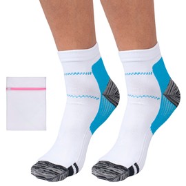 360 RELIEF Ankle Compression Socks - Supports Arch, Travel, Flight, Sports | with Mesh Laundry Bag (2Pairs-White/Blue, S-M)