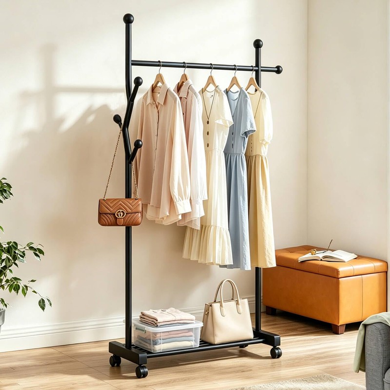 MYUPDALIN Freestanding Garment Rack with Wheels, Rolling Clothes Rack with