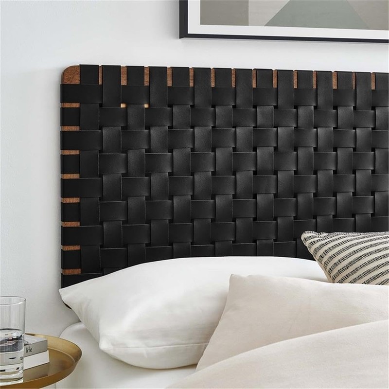 Pemberly Row Weave Vegan Leather Full Headboard in Walnut Black