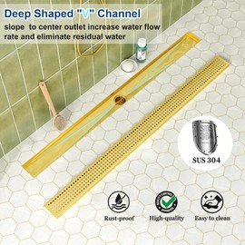 Neodrain 36-Inch Brushed Brass Linear Shower Drain with Removable Quadrato Pattern Grate,304 Stainless Steel Gold Rectangle Shower Floor Drain,Linear Drain with Hair Strainer