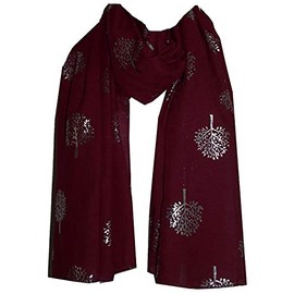 World of Shawls Silver Foil Mulberry Tree Print Fashion Scarf (Maroon)