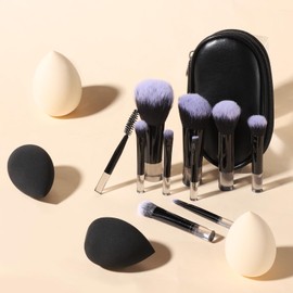 15 PCS Mini Travel Makeup Brush Set - 10 PCS Mini Makeup Brushes, 4 Pack Makeup-Sponges and 1 Pack Brush Pouch, Easy-Taken on the Go Short Travel Makeup-Brushes Small Travel-Essentials for Women Girls