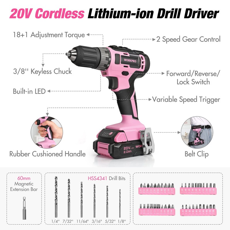 WORKPRO Pink Tool Kit with Drill, Tool Set with 20V