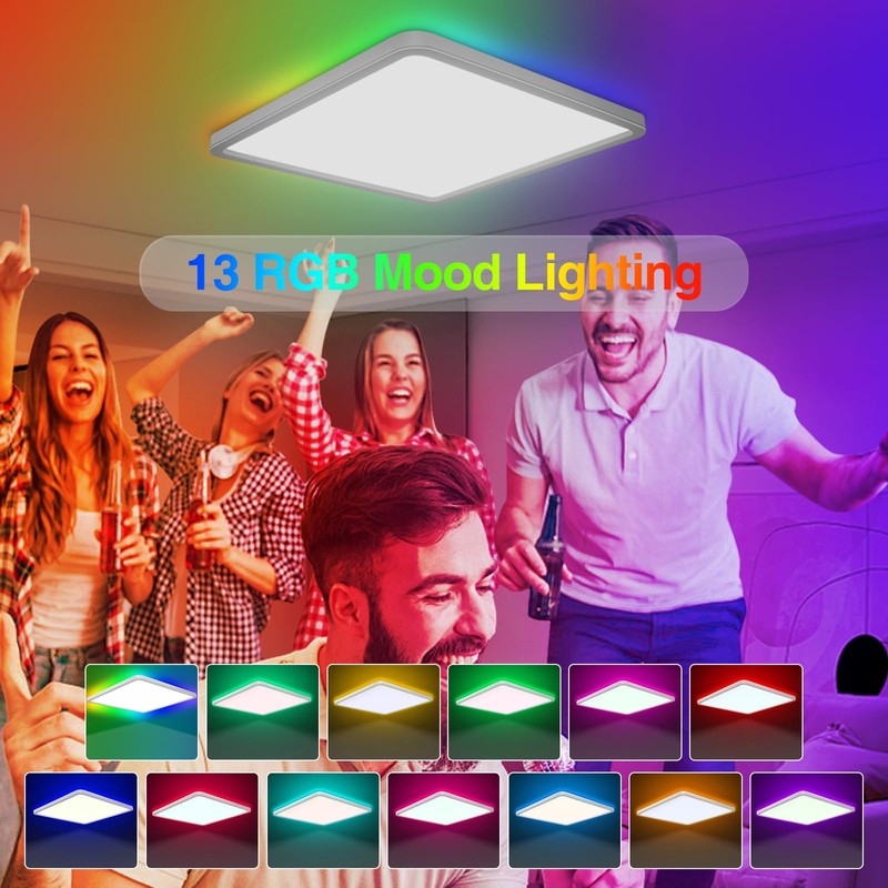 Yexati LED Ceiling Light Dimmable, 24W 3200LM 13 RGB Color
