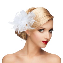 dressfan Womens Fascinator Hat Headpiece Vintage Wedding Mesh Feather Flower Hair Clip,20s 50s Headband Hair Accessories Headwear for Kentucky Derby/Wedding/Cocktail/Tea Party,HA5672-White