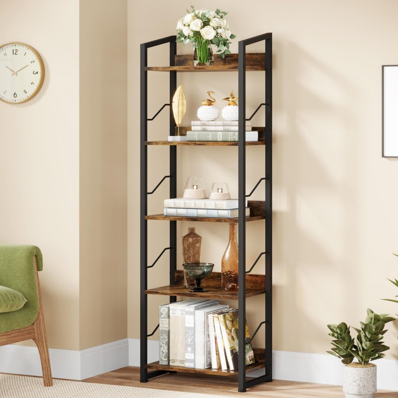 Hosfais 5 Tier Tall Bookshelf: Industrial Wood Book Shelf with