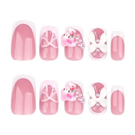 White French Tip Press on Nails Short with Charms Bow Pearl Design, Pink French Nails Press ons Cute False Nails Short Square Nail Art Full Cover Stick on Nails for Women Manicure Decorations 24Pcs