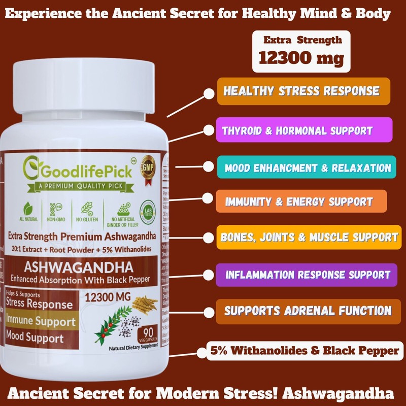 Premium Ashwagandha 12300 MG & 5% Withanolides Black Pepper 90