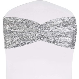SquarePie Pack of 100 Chair Sashes Bows Sparkly Silver Sequin Chair Bands for Wedding Party Banquet Home Decor