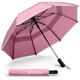 Weatherman Premium Collapsible Travel Umbrella - Windproof, Compact, Easy Auto Open - Resists Up to 55 MPH Winds - Perfect for Rain, Wind, Backpack, Car - Folding Umbrella (Blush)