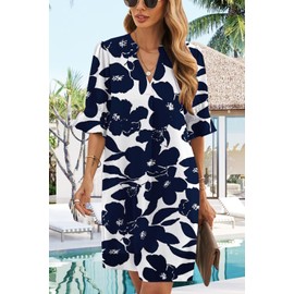 QACOHU Spring Summer Dresses for Women 2025 Ruffle Sleeves Sundress Simple Mini Dress V-Neck Shift Dress Blue White L