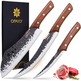 OPAYLY Hand-Forged Butcher & Carving Knife Set for Meat Cutting, 3PCS Razor Sharp High Carbon Steel Brisket, Chopping, Slicing & Boning Knives for Home & BBQ, Ideal Gift