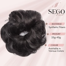 SEGOHAIR Messy Bun Hair Piece Fake Hair Bun Hair Scrunchies Bun - Lightweight 25g Synthetic Hair Bun Piece for Women, Natural Black Curly Wavy Elastic updo Scrunchy Bun