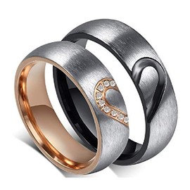 ROWAG 6MM Men Heart Shape Titanium Stainless Steel Couple Rings for Him and Her Women Cubic Zirconia CZ Inlaid Wedding Bands