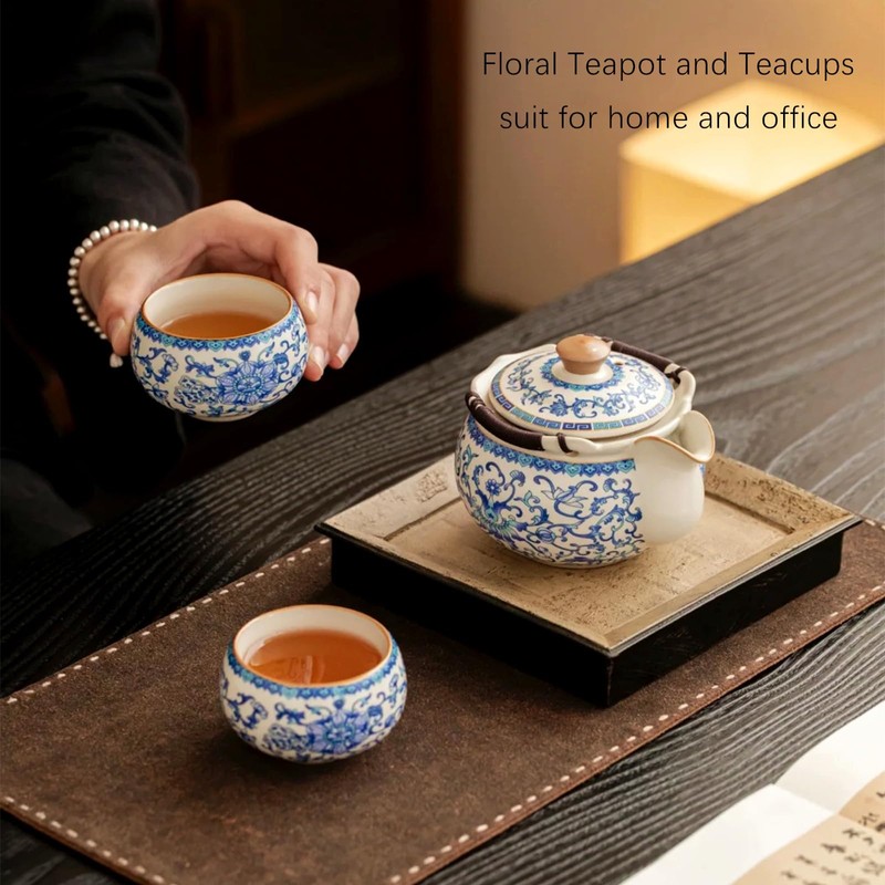 CmengAo Floral Ceramic Hand-held Teapot with 2 Teacups - Blue