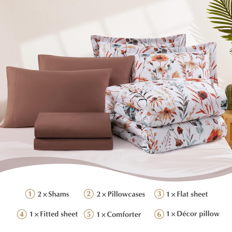 CASAAGUSTO Full Comforter Set, 7 PCS White Floral Comforter Set