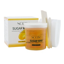 SCCIN 100% Natural Sugar Wax Hair Removal Kit 450G with 20 Washable/Resuable Cotton Strips and 4 Wooden Spatulas. Microwavable Depilatory Wax Jar. Washable Wax. Most Suitable for Sensitive Skin.