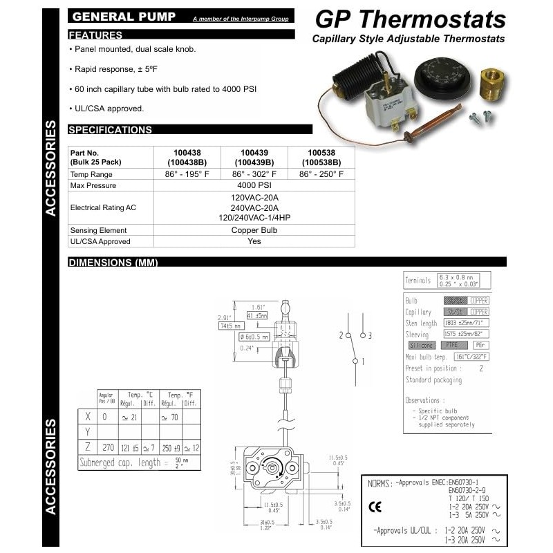 General Pump Remote Thermostat #100439 (Temp Range 86° - 302°
