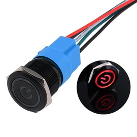 JIQI 22 mm Pressure Switch 12 V to 24 V 5 A Waterproof Latching Switch Made of Aluminium Alloy IP66 1NO1NC Pre-Wired Black On/Off Switch with Power Symbol LED for Motorcycle Boat Truck RV (Red)