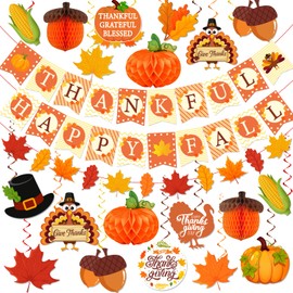 Thanksgiving Decorations, Thankful Happy Fall Banner Happy Thanksgiving Hanging Swirls and Pumkin Honeycomb Balls, Turkey Maple Leaves Swirls for Indoor Outdoor Home Office Fall Autumn Harvest Party