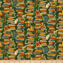 Paintbrush Studios Forest Fables Stacked Books Orange Green, Quilting Fabric by the Yard