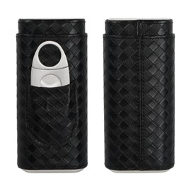 Leather Cigar Cases, Portable Humidor Cigars, 3 Tubes Cigar Humidor, Humidor Cigar Box, Crocodile Pattern Leather, Cigar Accessories with Stainless Steel Cigar Cutter (Black)