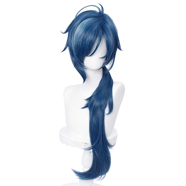SL Blue Ponytail Wig for Kaeya Genshin Impact Game Role Fluffy Curly Anime Cosplay Hair Wigs with Pigtail Bangs + Cap