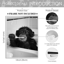 Funny Monkey Brushing Teeth Canvas Animals Poster - Black and White Bathroom Wall Decor 12x16inch Unframed