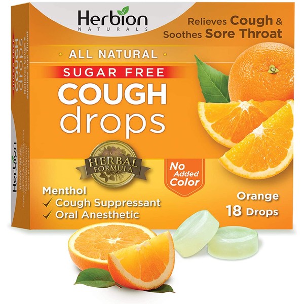 Herbion Naturals Sugar-Free Cough Drops with Natural Orange Flavor, 18 Drops, Oral Anesthetic - Relieves Cough, Throat, and Bronchial Irritation, Soothes Sore Mouth, For Adults and Children 2yo+