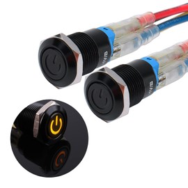JIQI 2 x 12 mm Locking Waterproof Pressure Switch 12 V to 24 V 2 A IP66 Latching Push Button with LED Power Symbol Locking On/Off Switch Made of Metal Black Push Button Switch for Car DIY Car (Yellow)