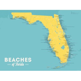 Best Maps Ever Florida Beaches Checklist Map 18x24 Poster (Marigold & Turquoise)