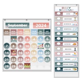 Monthly Calendar Pocket Chart for Classroom, Daily Schedule Pocket Chart with12 Pcs Double-Sided Reusable Cards, Printed Day of the Week, Learning for Home or Preschool(White Calendar+Daily Schedule)