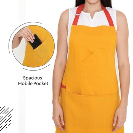 Encasa Homes Adjustable Kitchen Cotton Apron with Pockets & Towel Holder of Size 27 x 33 inch (Mango + Brick Straps) for Men & Women Chefs for Cooking & Baking in Home, Restaurants & Barbeque