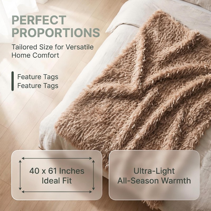 Faux Feather Shaggy Throw Blanket Light Coffee Blankets for Couch