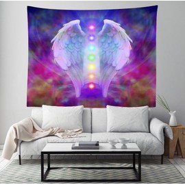 Loccor Reiki Angel Wings and Seven Chakras Tapestry Colorful Soul Wall Hanging Meditation 7 Chakra Natural Healing Wall Tapestry for Bedroom Home Living Room Decor 80''x60''
