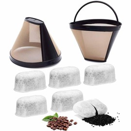 2 Reusable Cone Coffee Filter Baskets with 6 Pack Replacement Charcoal Water Filters Compatible with Cuisinart Coffee Makers & Machines