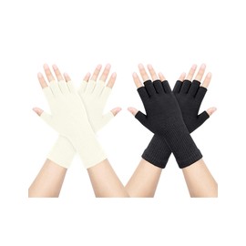 Kiiwah 2 Pairs Unisex Fingerless Gloves, Stretchy Finger Gloves, Without Fingertips, Half Finger Knitted Gloves, Extend Wrist Gloves, Winter, black, white