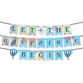 Bon Voyage Decorations, Bon Voyage Banner, Leaving Party Decorations - Let The Adventure Begin - Hot Air Balloons & Compass Map Banner with DIY String Kit, Paper Decoration for Going Away Celebration