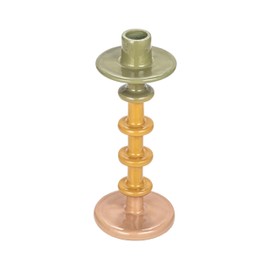 Bloomingville Enameled Decorative Metal Taper Candle Holder, Green, Tan and Pink
