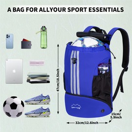 ONTYZZ Blue Sports Backpack with Drawstring Closure Basketball Backpack Gym Bag Backpack Multifunctional Bag with Shoe Compartment Yoga Swim Beach Bag with Dry-Wet Separate