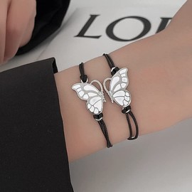Lozadia 2Pcs Butterfly Friendship Bracelets | Adjustable Length Best Friend Bracelets | Long Distance Bracelets Birthday Gift for Friends, Sisters, Couples Silver