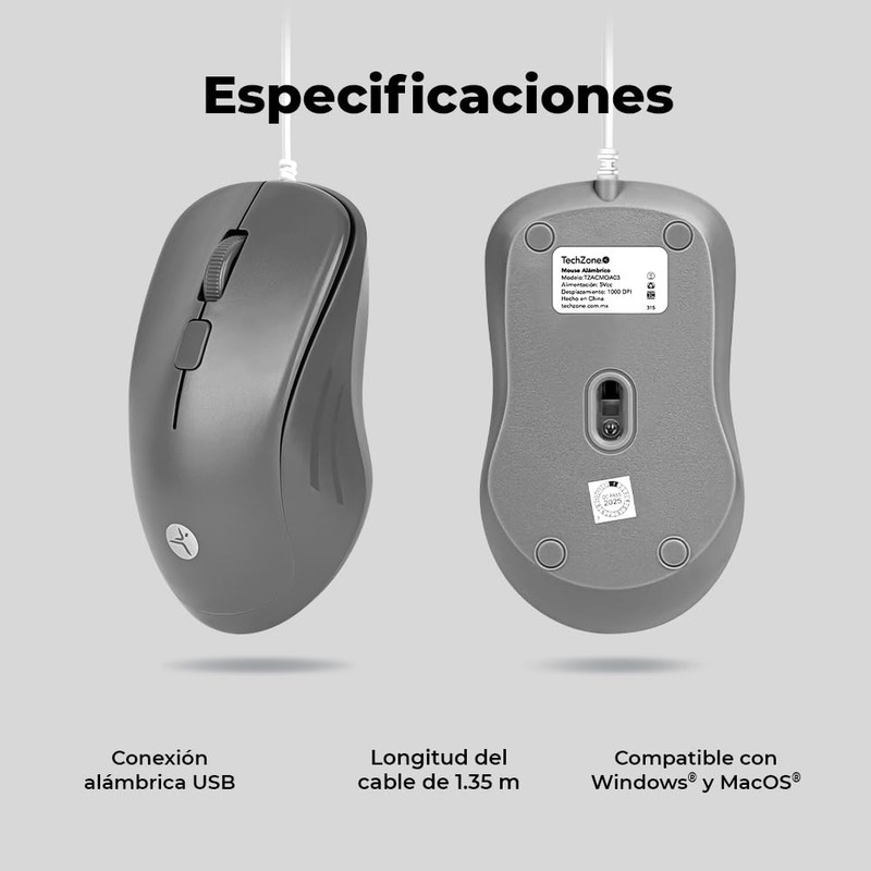 TECHZONE Mouse Alámbrico 1200 dpi, 3 Botones, 1.5 Metros, Sensor