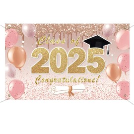 BlissYard Congrats Class of 2025 Graduation Decorations Backdrop 71x43 Inch Graduation Sign Backdrop 2025 Congratulations Pink and Gold graduation Decorations Party Banner