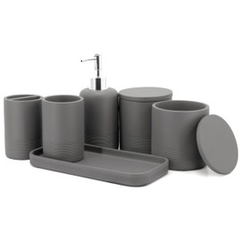 ZCCZ - Grey Bathroom Accessories Set 6 Pcs - Toothbrush Holder, Lotion Soap Dispenser, 2 Qtip Holder Dispenser, Vanity Tray, Bathroom Tumbler - Decorative Countertop Vanity Organizer