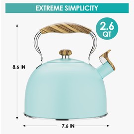 Chefbar 2.6 Quart Tea Kettle Stovetop Whistling for Stove Top Food Grade Stainless Steel Tea Kettles with Cool Wood Pattern Handle, Blue