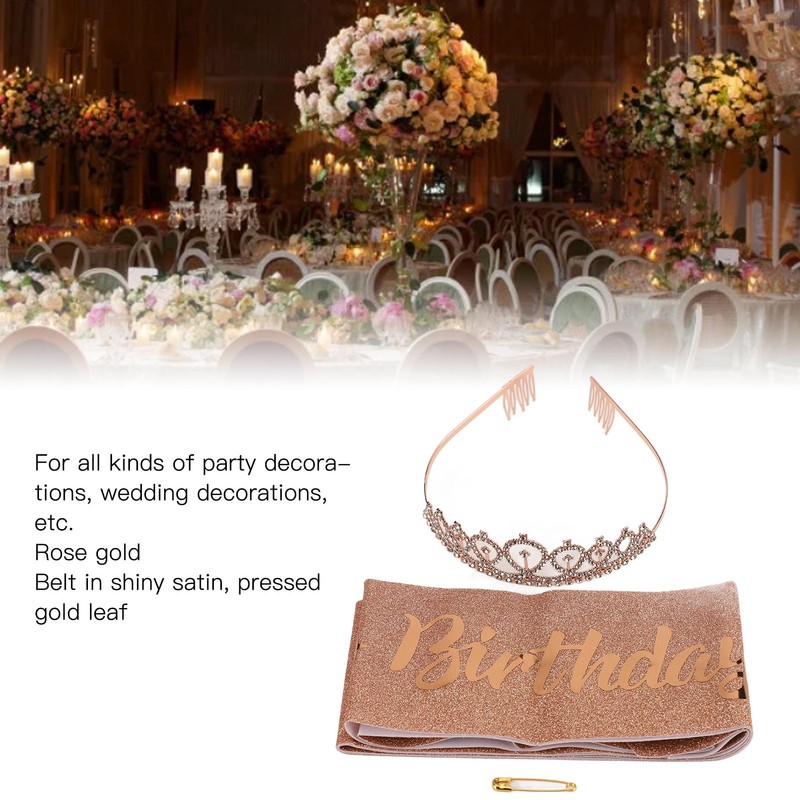 2 Sets Bridal Sash Rhinestone Tiara Kit Shiny Rose Gold