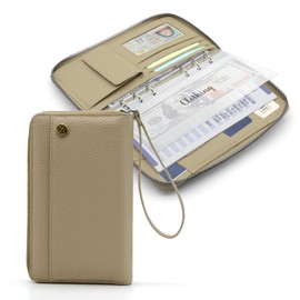 VLKAVIVA A6 Binder Cash Envelope System Wallet, Money Saving Budget Planner Notebook, 6 Rings Refillable Compact Cash Stuffing Binder, RFID Zipper Planner with Genuine Leather Cover (Gray)